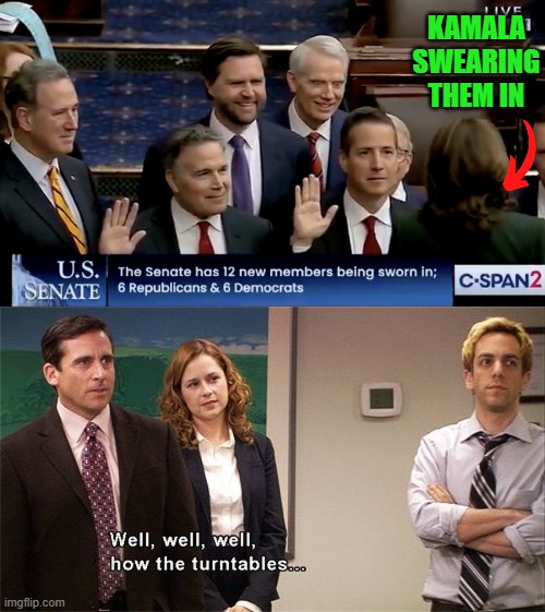 That JD Smile | KAMALA SWEARING THEM IN | image tagged in how the turntables | made w/ Imgflip meme maker