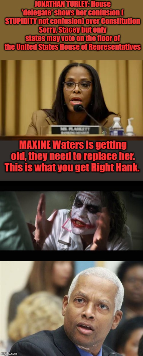 Is she a relative of Maxine  " CLAIMING MY TIME " .. Waters | JONATHAN TURLEY: House 'delegate' shows her confusion ( STUPIDITY not confusion) over Constitution
Sorry, Stacey but only states may vote on the floor of the United States House of Representatives; MAXINE Waters is getting old, they need to replace her. This is what you get Right Hank. | image tagged in memes,and everybody loses their minds | made w/ Imgflip meme maker