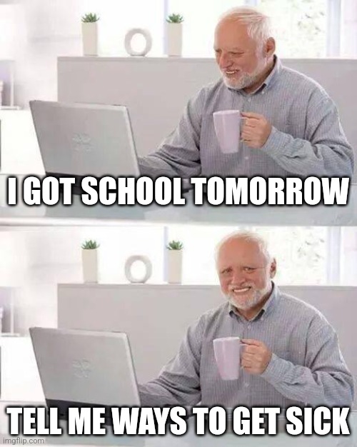 BIG D | I GOT SCHOOL TOMORROW; TELL ME WAYS TO GET SICK | image tagged in memes,hide the pain harold | made w/ Imgflip meme maker
