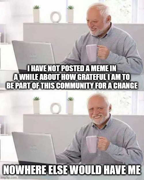 always used to be so self centered with previous accounts | I HAVE NOT POSTED A MEME IN A WHILE ABOUT HOW GRATEFUL I AM TO BE PART OF THIS COMMUNITY FOR A CHANGE; NOWHERE ELSE WOULD HAVE ME | image tagged in memes,hide the pain harold,sense of humour,grateful,nth user account | made w/ Imgflip meme maker