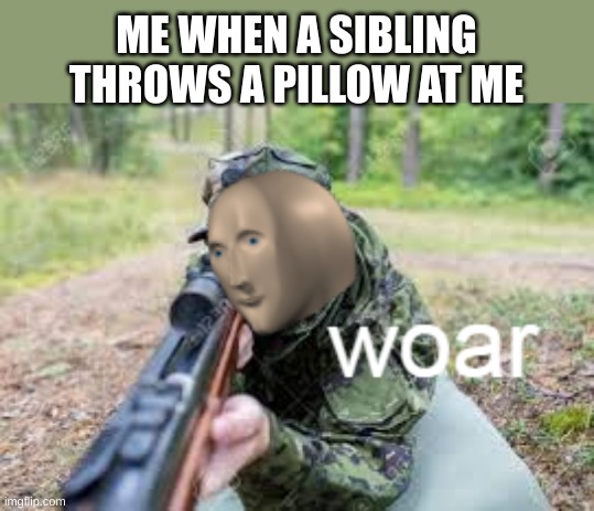 if you know you know | ME WHEN A SIBLING THROWS A PILLOW AT ME | image tagged in woar,memes,funny,true | made w/ Imgflip meme maker