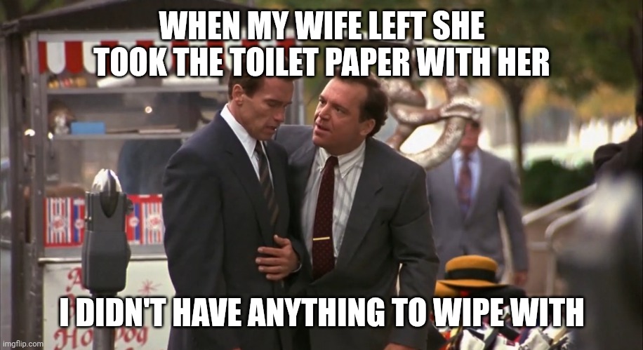 Wife left | WHEN MY WIFE LEFT SHE TOOK THE TOILET PAPER WITH HER; I DIDN'T HAVE ANYTHING TO WIPE WITH | image tagged in sick bitch took the ice cubes,funny memes | made w/ Imgflip meme maker