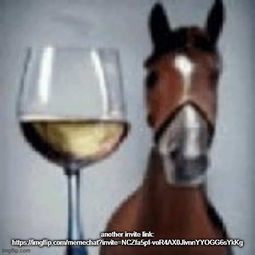 https://imgflip.com/memechat?invite=NCZfa5pf-voR4AX0JivnnYYOGG6sYkKg | another invite link:
https://imgflip.com/memechat?invite=NCZfa5pf-voR4AX0JivnnYYOGG6sYkKg | image tagged in wine horse | made w/ Imgflip meme maker