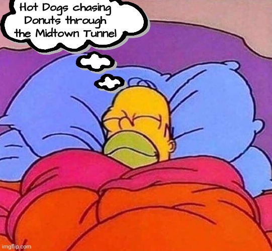 Homer Simpson sleeping peacefully | Hot Dogs chasing Donuts through the Midtown Tunnel | image tagged in homer simpson sleeping peacefully | made w/ Imgflip meme maker