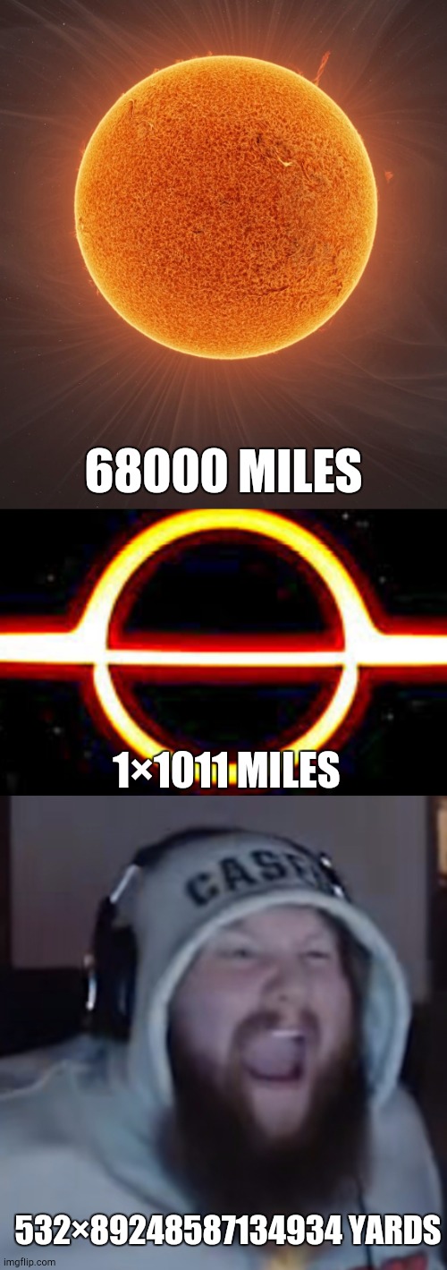 Caseoh | 68000 MILES; 1×1011 MILES; 532×89248587134934 YARDS | image tagged in angry caseoh | made w/ Imgflip meme maker