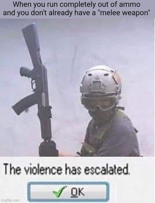 Context | When you run completely out of ammo and you don't already have a "melee weapon" | image tagged in pilot the violence has escalated,weapons,combat | made w/ Imgflip meme maker