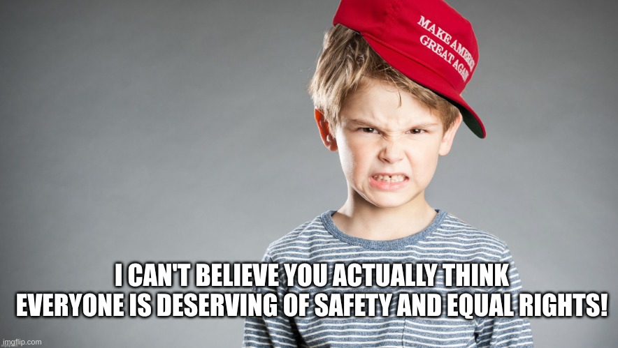 MAGA kid mad | I CAN'T BELIEVE YOU ACTUALLY THINK EVERYONE IS DESERVING OF SAFETY AND EQUAL RIGHTS! | image tagged in maga kid mad | made w/ Imgflip meme maker