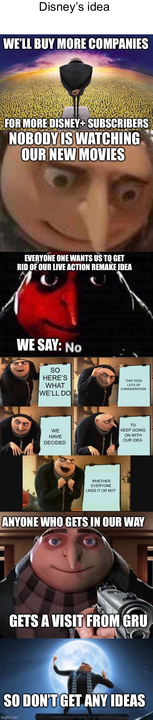 I used every Gru meme | Disney’s idea; WE’LL BUY MORE COMPANIES; FOR MORE DISNEY+ SUBSCRIBERS; NOBODY IS WATCHING OUR NEW MOVIES; EVERYONE ONE WANTS US TO GET RID OF OUR LIVE ACTION REMAKE IDEA; WE SAY:; SO HERE’S WHAT WE’LL DO; THIS TOOK LOTS OF CONSIDERATION; TO KEEP GOING ON WITH OUR IDEA; WE HAVE DECIDED; WHETHER EVERYONE LIKES IT OR NOT; ANYONE WHO GETS IN OUR WAY; GETS A VISIT FROM GRU; SO DON’T GET ANY IDEAS | image tagged in gru standing over minions,gru meme,gru no,5 panel gru meme,gru gun | made w/ Imgflip meme maker