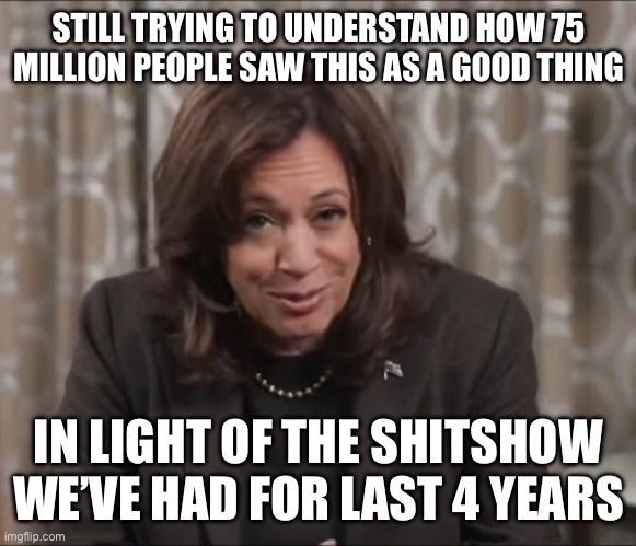 Drunk Kamala Harris | STILL TRYING TO UNDERSTAND HOW 75 MILLION PEOPLE SAW THIS AS A GOOD THING; IN LIGHT OF THE SHITSHOW WE’VE HAD FOR LAST 4 YEARS | image tagged in drunk kamala harris | made w/ Imgflip meme maker