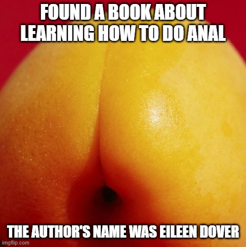 New Book | FOUND A BOOK ABOUT LEARNING HOW TO DO ANAL; THE AUTHOR'S NAME WAS EILEEN DOVER | image tagged in anal hurts | made w/ Imgflip meme maker