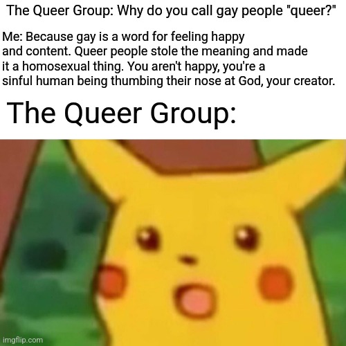 I do not hate the person, I hate the act of homosexuality, just as I hate every other sinful sexual act that defies God. | The Queer Group: Why do you call gay people "queer?"; Me: Because gay is a word for feeling happy and content. Queer people stole the meaning and made it a homosexual thing. You aren't happy, you're a sinful human being thumbing their nose at God, your creator. The Queer Group: | image tagged in memes,surprised pikachu,homosexual,sin | made w/ Imgflip meme maker