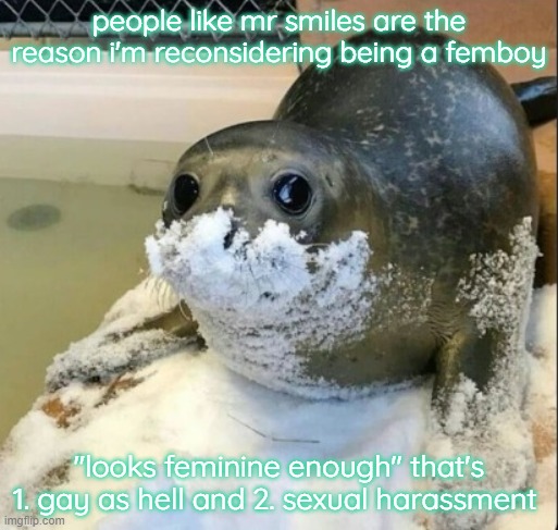 la cocaina | people like mr smiles are the reason i'm reconsidering being a femboy; "looks feminine enough" that's 1. gay as hell and 2. sexual harassment | image tagged in la cocaina | made w/ Imgflip meme maker