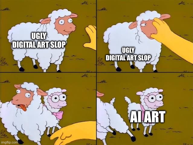 Humans suck anyways | UGLY DIGITAL ART SLOP; UGLY DIGITAL ART SLOP; AI ART | image tagged in sheep cartoon simpsons,digital art,art,ai meme,memes | made w/ Imgflip meme maker