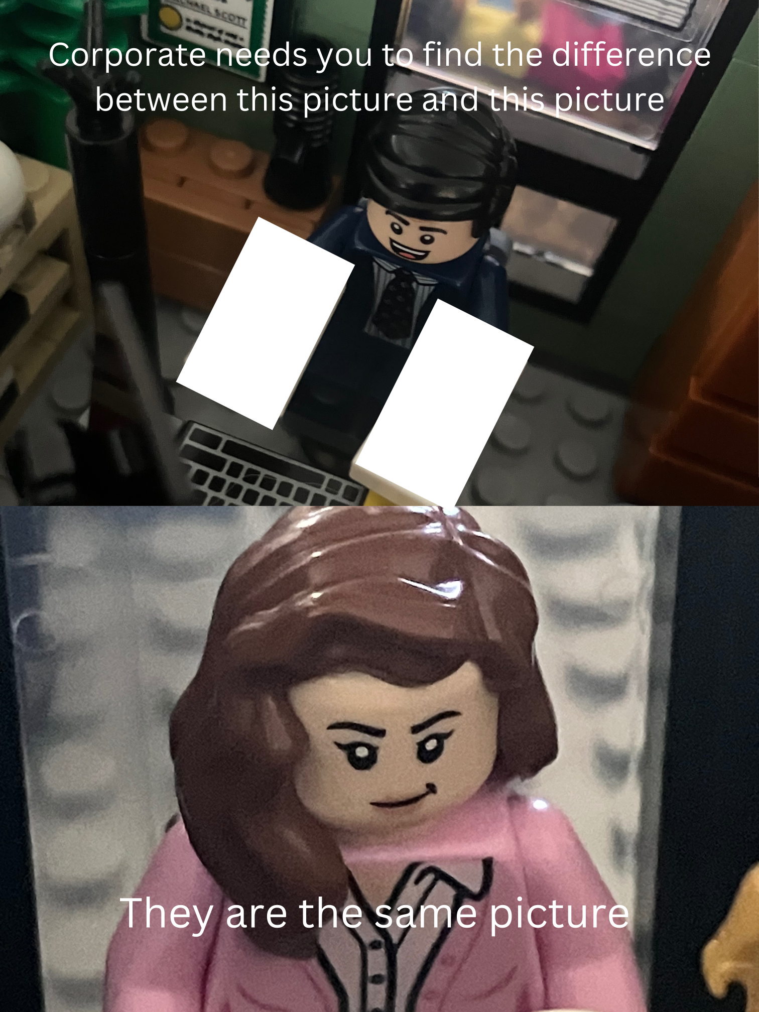 Corporate needs you to find the difference but Lego Blank Meme Template