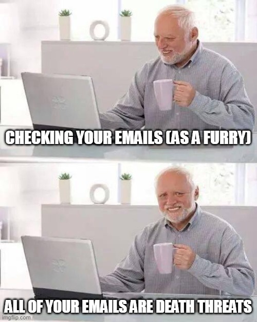 Average life of a furry artist | CHECKING YOUR EMAILS (AS A FURRY); ALL OF YOUR EMAILS ARE DEATH THREATS | image tagged in memes,hide the pain harold | made w/ Imgflip meme maker