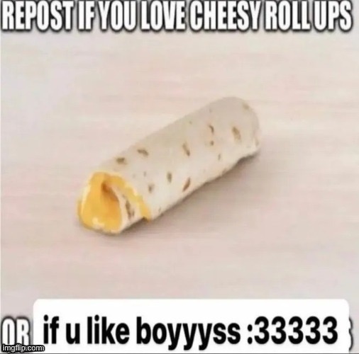 i like boys :333333 (and girls :3 ) | image tagged in repost if you love cheesy roll-ups | made w/ Imgflip meme maker