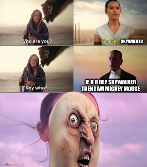 Rey Skywalker meme | SKYWALKER; IF U R REY SKYWALKER THEN I AM MICKEY MOUSE | image tagged in rey who,funny meme,star wars,skywalker,the rise of skywalker | made w/ Imgflip meme maker