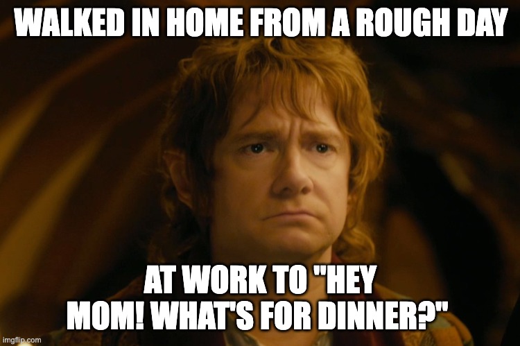 Bilbo Baggins Looking Frustrated | WALKED IN HOME FROM A ROUGH DAY; AT WORK TO "HEY MOM! WHAT'S FOR DINNER?" | image tagged in bilbo baggins looking frustrated | made w/ Imgflip meme maker