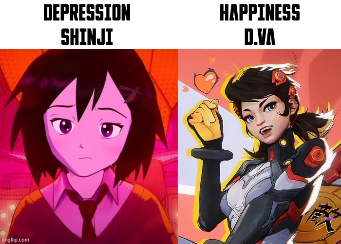 Someone fixed Peni Parker's emotion | DEPRESSION
SHINJI; HAPPINESS
D.VA | image tagged in marvel,spider-man,spider-verse meme,spiderman,spiderverse | made w/ Imgflip meme maker