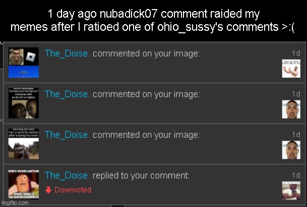 >:( | 1 day ago nubadick07 comment raided my memes after I ratioed one of ohio_sussy's comments >:( | image tagged in memes | made w/ Imgflip meme maker