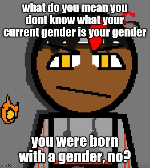 Claire themed Carl Molter | what do you mean you dont know what your current gender is your gender; you were born with a gender, no? | image tagged in claire themed carl molter | made w/ Imgflip meme maker