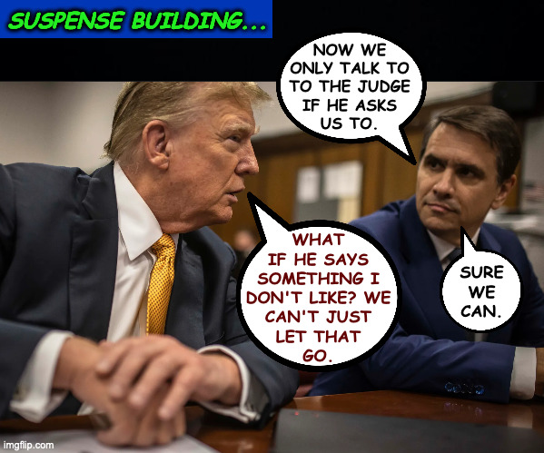 This could be better than Christmas! | SUSPENSE BUILDING... NOW WE
ONLY TALK TO
TO THE JUDGE
IF HE ASKS
US TO. WHAT
IF HE SAYS
SOMETHING I
DON'T LIKE? WE
CAN'T JUST
LET THAT
GO. SURE
WE
CAN. | image tagged in memes,trump sentencing,suspense,bonehead | made w/ Imgflip meme maker