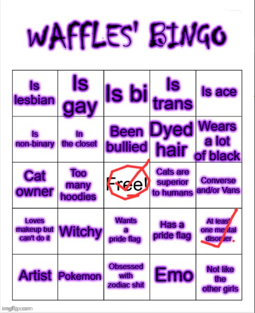 et tu, waffl hous? also fun fact i actually wear alot of orange pink and purple cause i lve those colours | image tagged in waffles' bingo | made w/ Imgflip meme maker