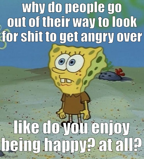 . | why do people go out of their way to look for shit to get angry over; like do you enjoy being happy? at all? | image tagged in spob | made w/ Imgflip meme maker