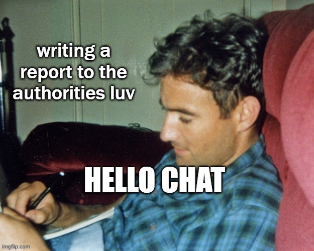 writing a report to the authorities luv | HELLO CHAT | image tagged in writing a report to the authorities luv | made w/ Imgflip meme maker