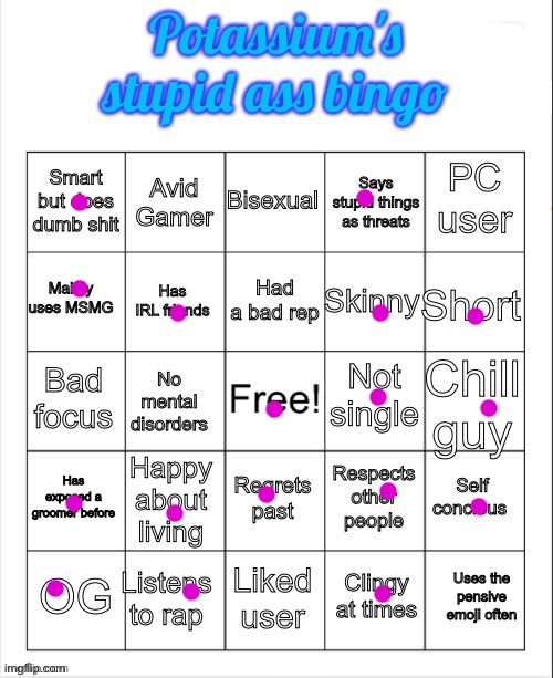 Potassium's stupid ass bingo | image tagged in potassium's stupid ass bingo | made w/ Imgflip meme maker