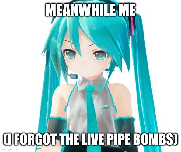 Angry Miku | MEANWHILE ME (I FORGOT THE LIVE PIPE BOMBS) | image tagged in angry miku | made w/ Imgflip meme maker