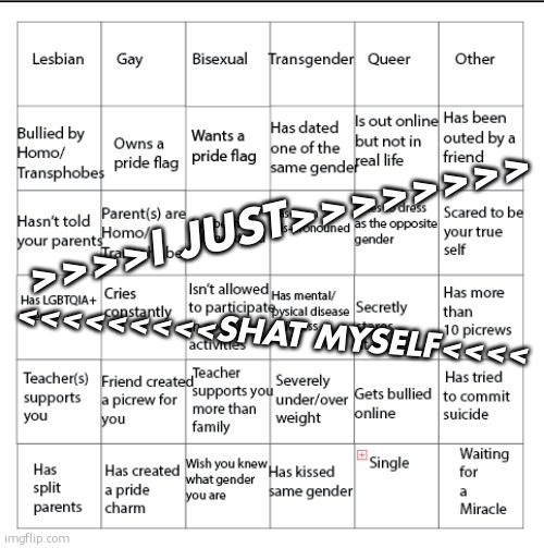 tidal wave | >>>>I JUST>>>>>>>>; <<<<<<<<<SHAT MYSELF<<<< | image tagged in lgbtqia bingo | made w/ Imgflip meme maker