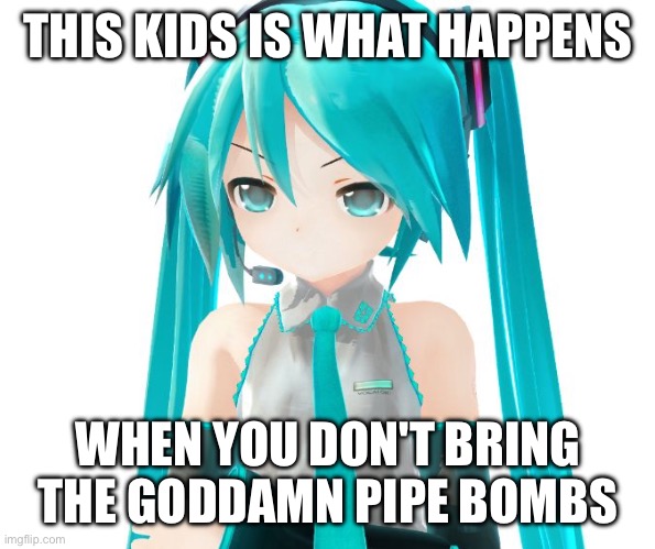 Angry Miku | THIS KIDS IS WHAT HAPPENS WHEN YOU DON'T BRING THE GODDAMN PIPE BOMBS | image tagged in angry miku | made w/ Imgflip meme maker