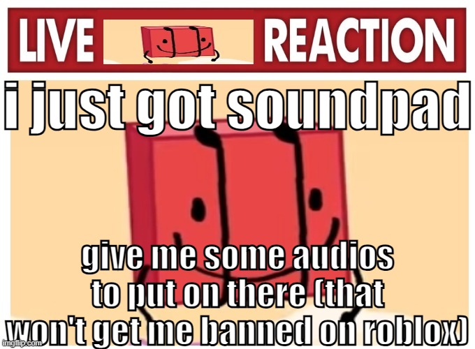 Live boky reaction | i just got soundpad; give me some audios to put on there (that won't get me banned on roblox) | image tagged in live boky reaction | made w/ Imgflip meme maker