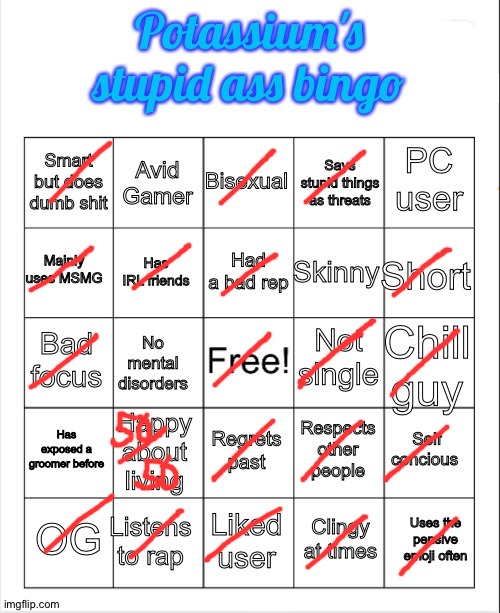 Potassium's stupid ass bingo | image tagged in potassium's stupid ass bingo | made w/ Imgflip meme maker