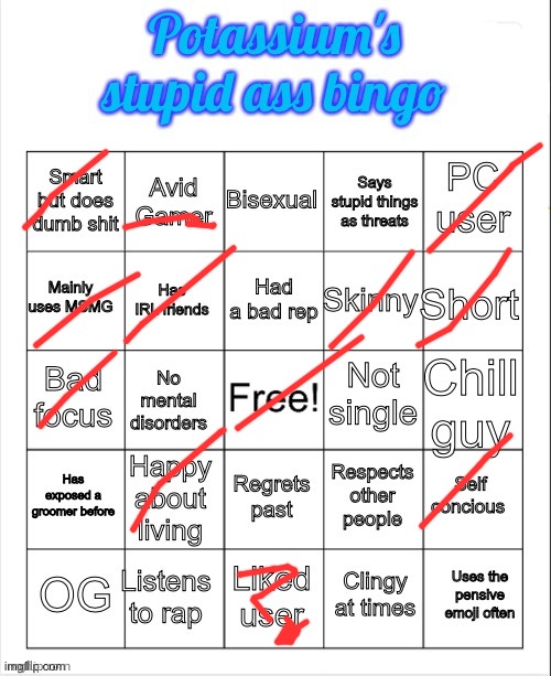 Potassium's stupid ass bingo | image tagged in potassium's stupid ass bingo | made w/ Imgflip meme maker