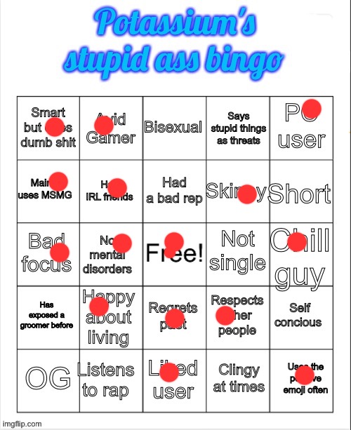 Potassium's stupid ass bingo | image tagged in potassium's stupid ass bingo | made w/ Imgflip meme maker