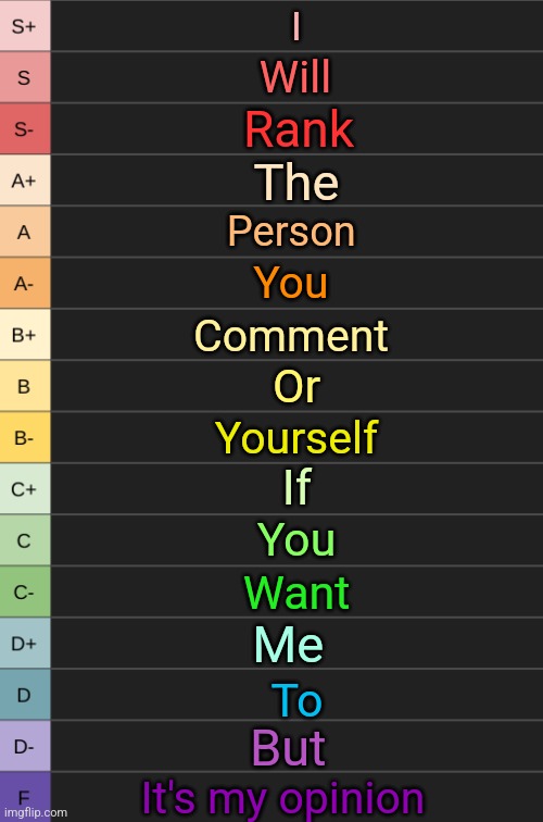 yoshi's new tierlist | I; Will; Rank; The; Person; You; Comment; Or; Yourself; If; You; Want; Me; To; But; It's my opinion | image tagged in yoshi's new tierlist | made w/ Imgflip meme maker