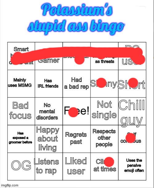 Potassium's stupid ass bingo | image tagged in potassium's stupid ass bingo | made w/ Imgflip meme maker