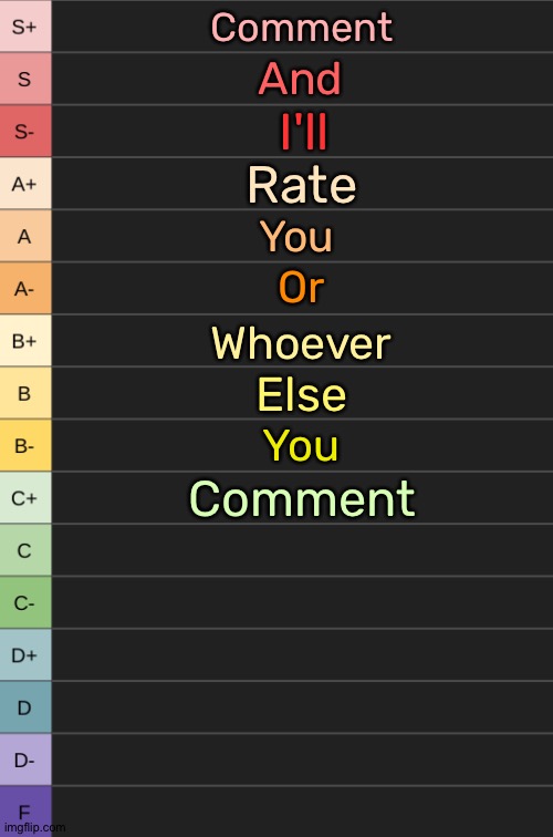 yoshi's new tierlist | Comment; And; I'll; Rate; You; Or; Whoever; Else; You; Comment | image tagged in yoshi's new tierlist | made w/ Imgflip meme maker