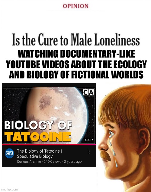 Is the cure to male loneliness image template | WATCHING DOCUMENTARY-LIKE YOUTUBE VIDEOS ABOUT THE ECOLOGY AND BIOLOGY OF FICTIONAL WORLDS | image tagged in is the cure to male loneliness image template,memes,shitpost,youtube,funny memes,lol | made w/ Imgflip meme maker