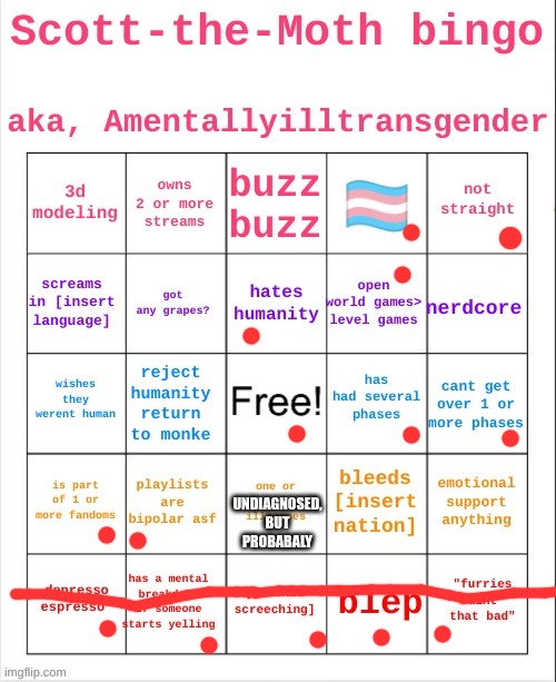 yes. | UNDIAGNOSED, BUT PROBABALY | image tagged in scott the moth bingo | made w/ Imgflip meme maker