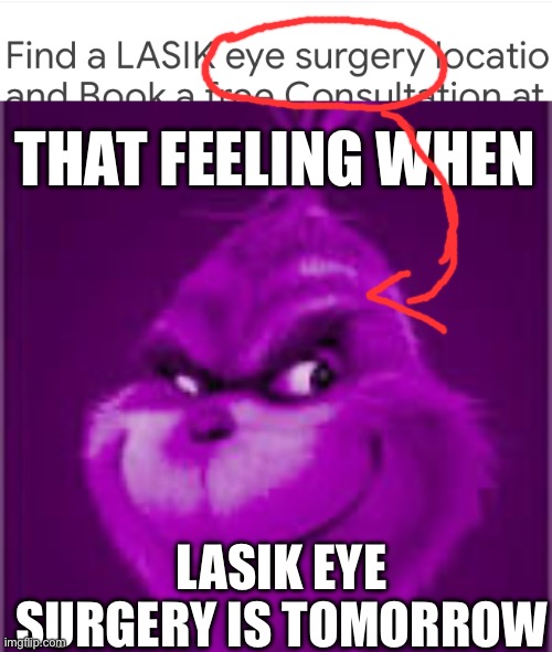 THAT FEELING WHEN; LASIK EYE SURGERY IS TOMORROW | image tagged in purple grinch | made w/ Imgflip meme maker