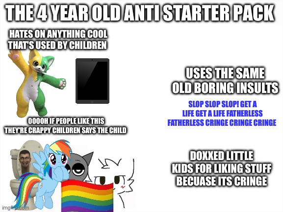 I Swear These People Are insufferable | THE 4 YEAR OLD ANTI STARTER PACK; HATES ON ANYTHING COOL THAT'S USED BY CHILDREN; USES THE SAME OLD BORING INSULTS; SLOP SLOP SLOP! GET A LIFE GET A LIFE FATHERLESS FATHERLESS CRINGE CRINGE CRINGE; OOOOH IF PEOPLE LIKE THIS THEY'RE CRAPPY CHILDREN SAYS THE CHILD; DOXXED LITTLE KIDS FOR LIKING STUFF BECUASE ITS CRINGE | image tagged in blank white template,anti,funny,memes,so true,starter pack | made w/ Imgflip meme maker