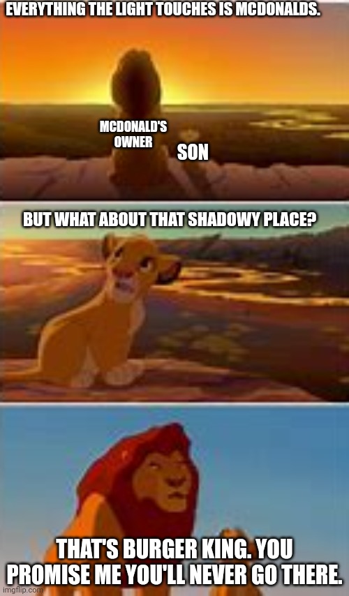 Everything the Light Touches | EVERYTHING THE LIGHT TOUCHES IS MCDONALDS. MCDONALD'S OWNER; SON; BUT WHAT ABOUT THAT SHADOWY PLACE? THAT'S BURGER KING. YOU PROMISE ME YOU'LL NEVER GO THERE. | image tagged in everything the light touches | made w/ Imgflip meme maker