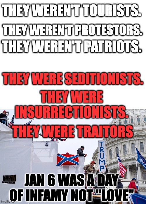 THEY WEREN'T TOURISTS. THEY WEREN'T PROTESTORS. THEY WEREN'T PATRIOTS. THEY WERE SEDITIONISTS. THEY WERE INSURRECTIONISTS. THEY WERE TRAITORS; JAN 6 WAS A DAY OF INFAMY NOT "LOVE" | made w/ Imgflip meme maker