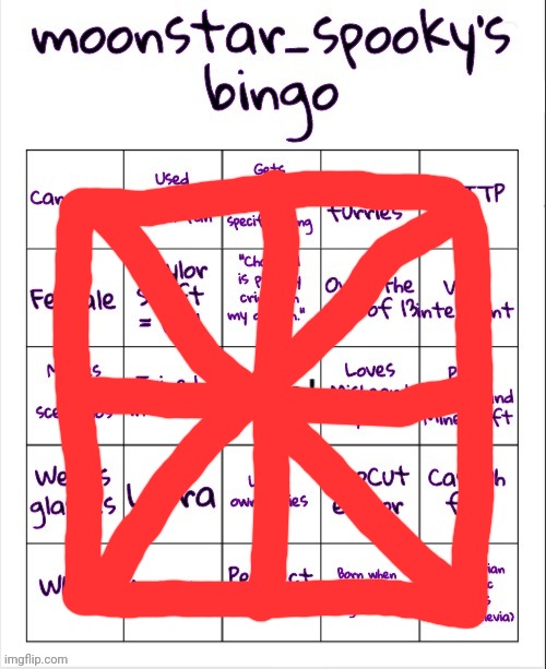 An old bingo of mine from last year | image tagged in moonstar_spooky's bingo,bingo | made w/ Imgflip meme maker