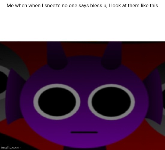 Durple Stare at you (without text) | Me when when I sneeze no one says bless u, I look at them like this | image tagged in durple stare at you without text | made w/ Imgflip meme maker