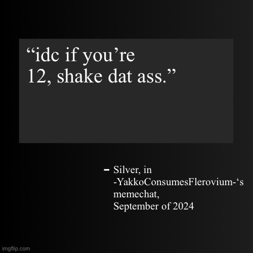 Blank ArentYourself Quote Template | “idc if you’re 12, shake dat ass.”; Silver, in -YakkoConsumesFlerovium-‘s memechat, September of 2024 | image tagged in blank arentyourself quote template | made w/ Imgflip meme maker