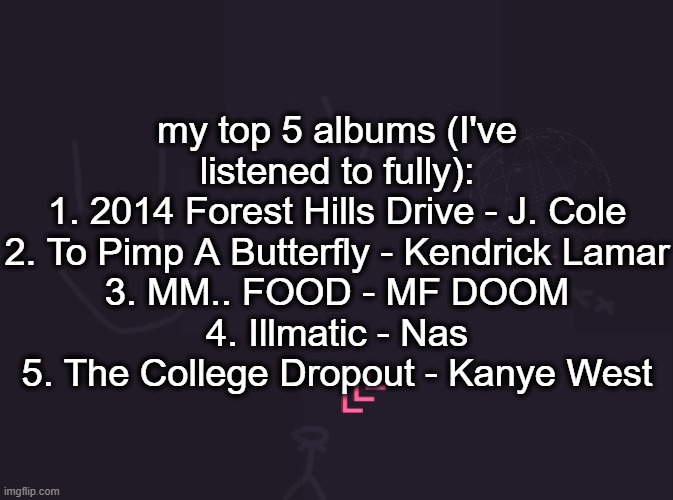 vik's image | my top 5 albums (I've listened to fully):
1. 2014 Forest Hills Drive - J. Cole
2. To Pimp A Butterfly - Kendrick Lamar
3. MM.. FOOD - MF DOOM
4. Illmatic - Nas
5. The College Dropout - Kanye West | image tagged in vik's image | made w/ Imgflip meme maker